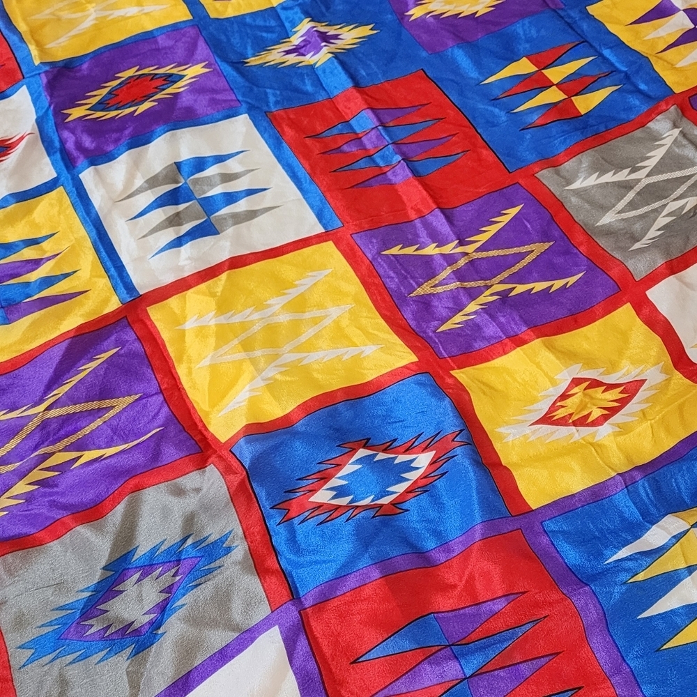 Vintage Elaine Gold Geometric Print Silk Scarf Jewel Tones 32x31 Bold Colorful - Picture 4 of 5